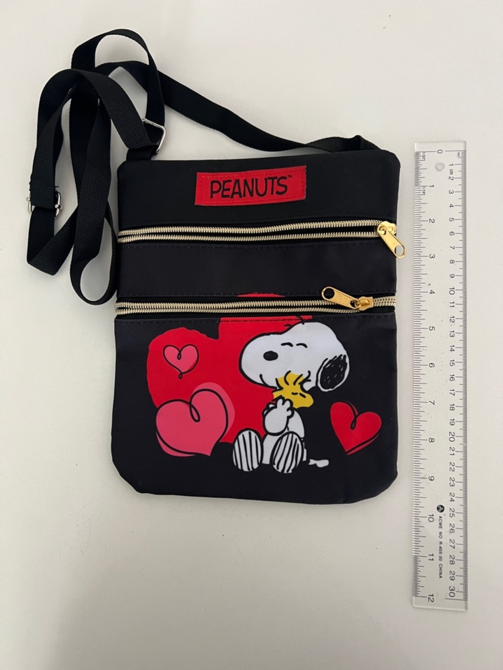 Peanuts Black Crossbody with Red Heart Snoopy Graphic